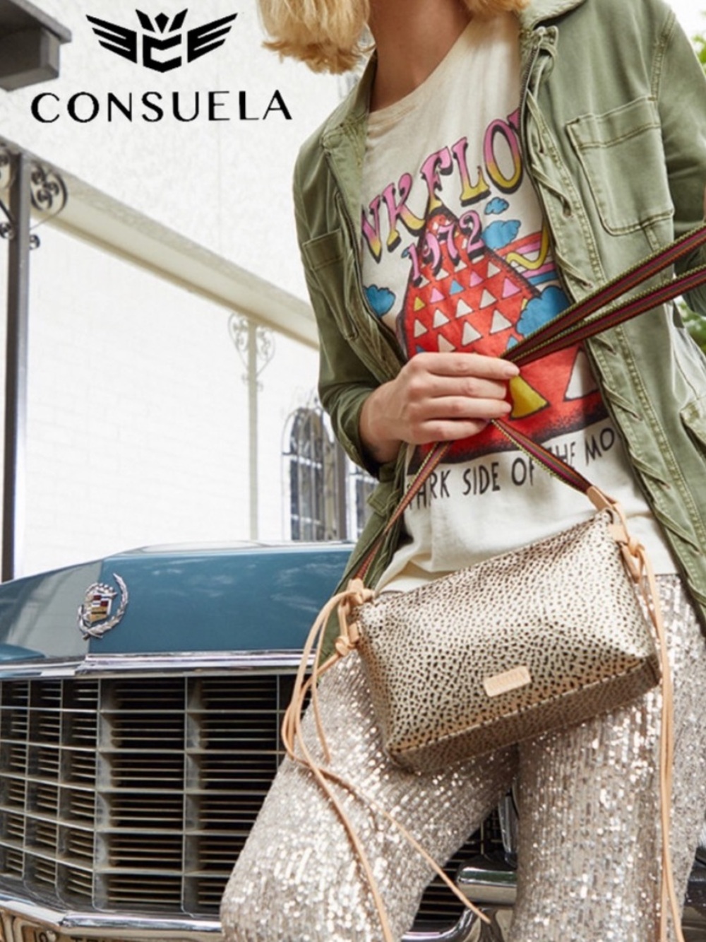 Consuela Metallic Gold Leopard-Print Crossbody with Tan Strap